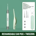 Mint green LED earwax removal kit with lighted ear spoon and tweezers for children - Rechargeable LED Ear Pick + Battery Operated Ear Tweezer