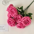 Artificial 7-head rose bouquet in dark pink with lush green leaves on white background - Rose Red