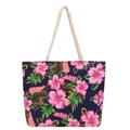 Navy blue canvas tote bag with pink hibiscus floral print and cotton rope handles - Navy Blue