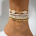 Boheems gelaagde enkelbandset met schelp en zeester hanger en witte kralenketting - Enkelbandje Set / Beige Gemengd Enkelbandje