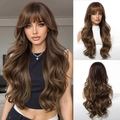 Detail of deep brown wavy wig with airy bangs showing natural hair fiber texture - Chestnut Brown