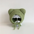 Grasgrüne Baby Strickmütze mit Bärenohren und Bindebändern für den Winter - 3M-2J / Grün