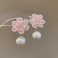 Macro shot of pink beaded flower earrings with a large lustrous white round pearl - Pink Faux Pearl (45#)