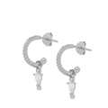 Detail of silver C-shape earrings featuring a pear-cut zircon teardrop pendant - Pear Zirconia Hoop-Silver