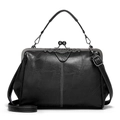 Black embossed leather handbag with vintage metal kiss lock and white contrast stitching - Black