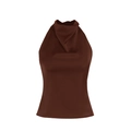 Deep brown satin halter top with a cowl neck design shown in flat lay on white background - XS / Brown