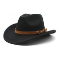 Detail of a classic black felt cowboy hat featuring a brown suede band and metal buckle - Black