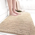 Beige chenille bathroom mat with soft absorbent microfibers on white tile floor - 50*120CM / Camel
