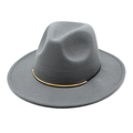 Detail view of grey wool fedora hat featuring a stylish black band with gold metal accent - M (56-58cm) / Gray