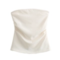 Top palabra de honor blanco con cintura fruncida elegante y diseño minimalista - Beige