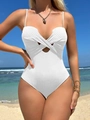 Close-up of white ribbed swimsuit featuring cross-knot cutout and high-quality fabric - S / White