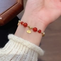 Red agate bead bracelet with golden Zhaocai auspicious cloud pendant and Fu charm - 9# Bracelet - Gold and Red