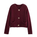 Detailed macro view of dark wine red knit cardigan featuring texture and gold buttons - S / Burgundy