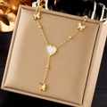 Golden Y-shaped titanium steel necklace featuring butterfly and heart shell pendants - Gold