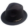 Classic black wool felt jazz fedora hat with gold metal buckle and leather band detail - M (56-58cm) / Black