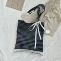 French style black and white plaid tote bag with white lace bow and ruffled trim - Black