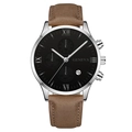 Men's chronograph watch featuring brown leather strap and silver Roman numeral dial - Black Dial Silver Hands Silver Case Brown Strap