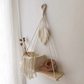Boho hand-woven macrame wall shelf with leaf fringe and natural wood plant rack - White