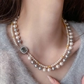 Baroque double-layer necklace with multi-colored pearls and square pendant charm - 22# White - Double Layer Design