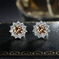 Champagne zircon snowflake stud earrings with silver metal and white diamond halo - Orange