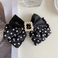 Elegant large bow hair claw clip with black silk fabric and pearl polka dot detail - Black Square Pearl Polka Dot Spring Clip