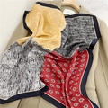 Close-up of silk scarf with paisley and floral patterns draped on a beige blazer - Colorblock Paisley
