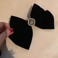 French vintage black velvet bow hair clip featuring a pearl camellia centerpiece - Black Velvet Camellia Clip