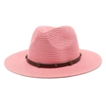 Detail of pink straw fedora hat featuring a brown faux leather band with metallic studs - M (56-58cm) / Dusty Pink