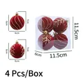 Set of 4 red and gold 6cm flocked Christmas balls with spiral and leaf vein patterns - 4-Pack / Wine Red Flocking Tree Pattern
