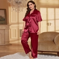 Women's burgundy silk satin pajama set with short-sleeve shirt and straight trousers - Red
