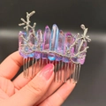 Handheld silver hair comb with gradient blue and purple natural crystal branches - Jelly + Branch