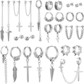 Silver stainless steel earring set featuring cross, feather, and lightning bolt punk designs - Silver Punk Feather Sword Set (36035)