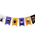 Banderole d'Halloween en papier avec motifs de château, fantôme et tête de citrouille - Queue d'hirondelle Dentelée Colorée