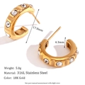 18K gold plated C-shaped stainless steel hoop earrings with crystal pavé and 17.8mm diameter - Faceted Rhinestone C-Shape Earrings - Gold