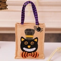 Sacchetto di Halloween in lino con gatto nero e manici a strisce viola scuro - Stile Gatto Nero