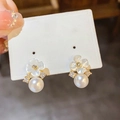 Gold plated 925 silver stud earrings with white flower petals and hanging round pearl - Gold Small Flower Pearl (7#)
