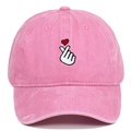 Pink washed cotton baseball cap with finger heart embroidery and retro distressed finish - Pink