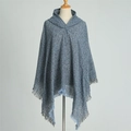 Detail of grey and blue knitted hooded poncho with tassel hem on a mannequin - Peacock Blue (WT144-9)