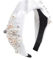 Elegant white knotted satin headband with pearl and metal bead embellishments - 7# White (Vintage Pearl Satin)