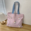 Pink and white striped canvas tote bag with cute 3D duck dolls and blue handles - 3D Duck Pink Stripes
