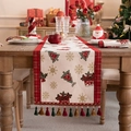 Camino de mesa navideño beige con borde de cuadros rojos, muñecos de nieve y borlas de colores - 35x300cm / Caja de regalo con borlas
