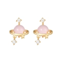 Pink planet-themed heart earrings with gold rings and sparkling zircon crystals - Pink Galaxy Planet (EH00736)