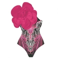 Zebra and pink leopard print one-shoulder swimsuit with large 3D floral accent - Single Rose Red Print Swimsuit
