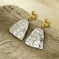 Detailed view of bicolor geometric hammered metal earrings with size 2.7x4.6cm labels - Gold Silver Contrast Triangle Trapezoid Splicing (NMSE-C233-2)