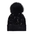 Cappello invernale nero con paillettes, grande pompon e risvolto in finta pelliccia - Taglia unica / Nero