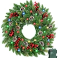 Ghirlanda natalizia 60cm con aghi di pino, bacche rosse, pigne e luci LED su sfondo bianco - Ghirlanda Mista con Luci da 60cm