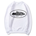 Felpa bianca a girocollo con grafica di un'isola in uno stile flat lay pulito - S / Bianco