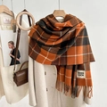 Orange and brown plaid cashmere-like scarf with tassels and Good Luck label decoration - Block Plaid Orange