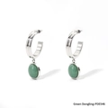 Silver C-shaped earrings with oval green aventurine stone pendants on white background - Silver