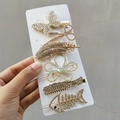 Set of six gold-tone alloy hairpins with rhinestones in butterfly and floral shapes - Butterfly Bone (6 Piece Set)
